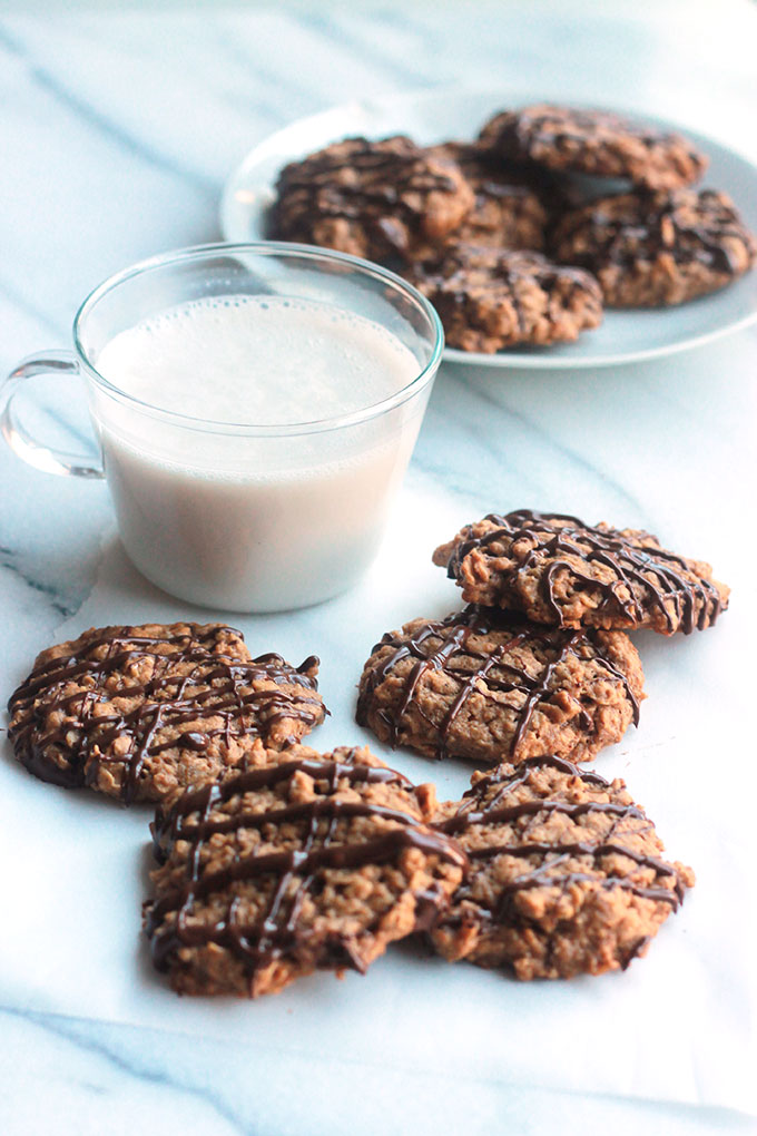 Hearty, wholesome, not overly sweet Nut Butter Oatmeal Cookies drizzled with Chocolate, oh-so-delicious!