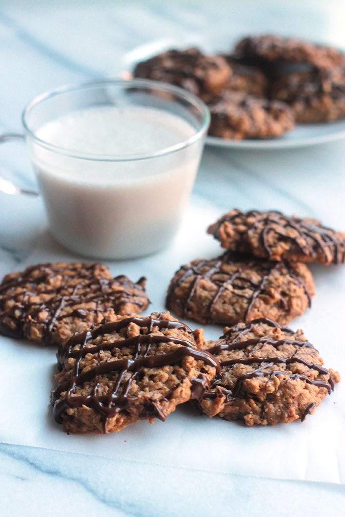 Hearty, wholesome, not overly sweet Nut Butter Oatmeal Cookies drizzled with Chocolate, oh-so-delicious!