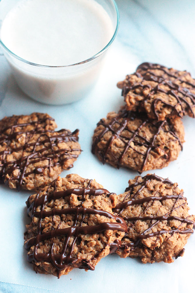 Hearty, wholesome, not overly sweet Nut Butter Oatmeal Cookies drizzled with Chocolate, oh-so-delicious!