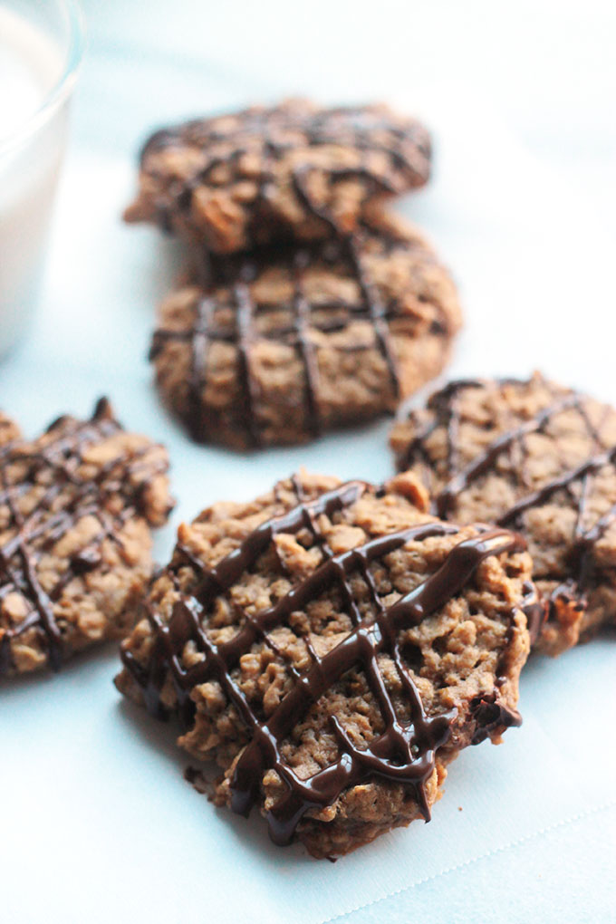 Hearty, wholesome, not overly sweet Nut Butter Oatmeal Cookies drizzled with Chocolate, oh-so-delicious!