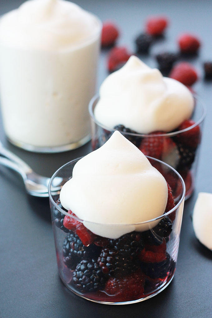 Whipped Aquafaba over raspberries and blackberries. 