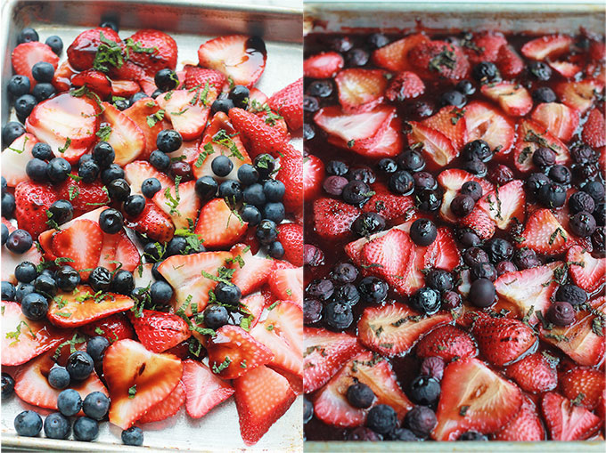 Easy Roasted Berry Mint Compote - Super easy, fruity and delicious! It's perfect for breakfast toppings, snacks, desserts and so much more.