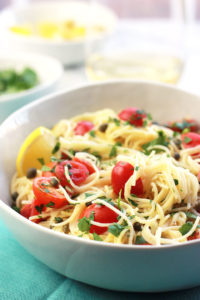 Delicate, delicious and oh-so easy! This Lemon Caper Pasta with Grape Tomatoes can be on the table in less than thirty minutes, perfect when you need a meal fast.