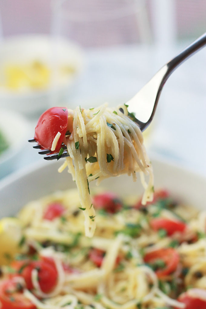 Delicate, delicious and oh-so easy! This Lemon Caper Pasta with Grape Tomatoes can be on the table in less than thirty minutes, perfect when you need a meal fast.