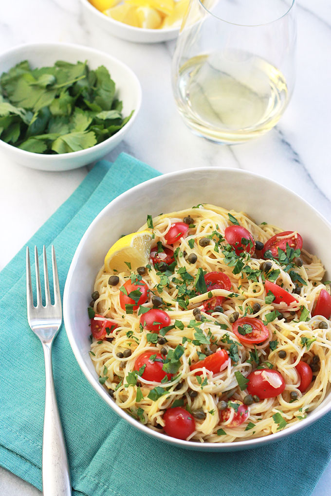 Delicate, delicious and oh-so easy! This Lemon Caper Pasta with Grape Tomatoes can be on the table in less than thirty minutes, perfect when you need a meal fast.