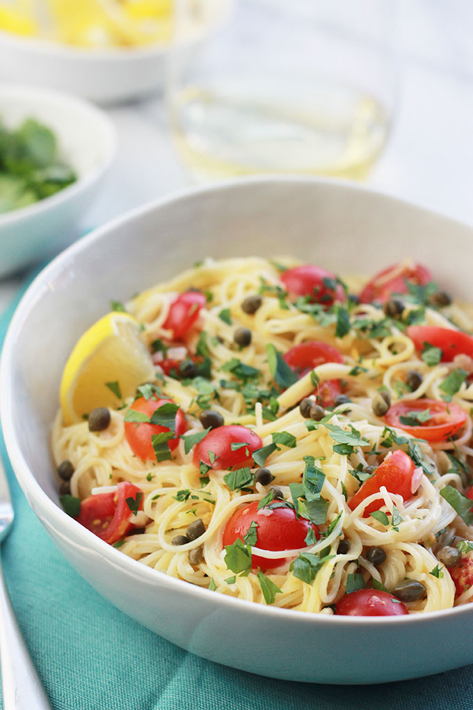 Delicate, delicious and oh-so easy! This Lemon Caper Pasta with Grape Tomatoes can be on the table in less than thirty minutes, perfect when you need a meal fast.