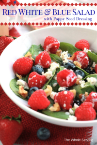Layers of fruit, creamy goat cheese and lettuce, this Red White & Blue Salad with Poppy Seed Dressing is colorful and perfect for patriotic celebrations.