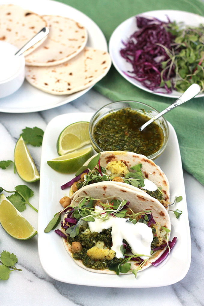 These Cauliflower-Chickpea Tacos with Spicy Cilantro Sauce is loaded with bold flavor and they're perfect when you need a quick and easy meal.