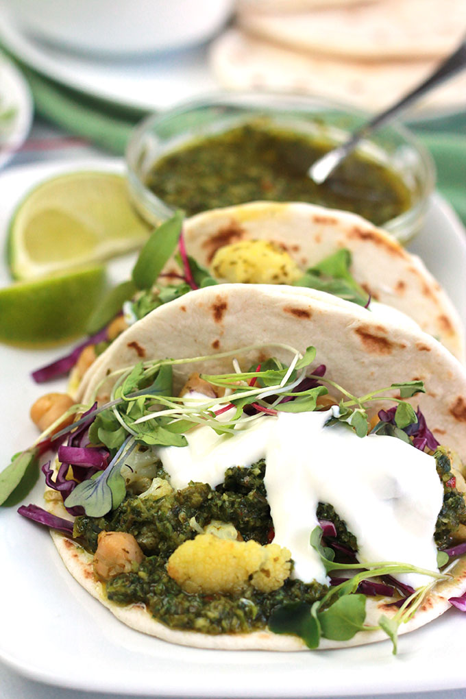 These Cauliflower-Chickpea Tacos with Spicy Cilantro Sauce is loaded with bold flavor and they're perfect when you need a quick and easy meal.