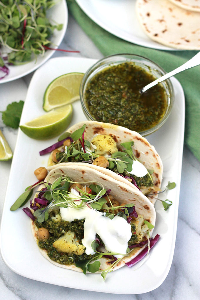 These Cauliflower-Chickpea Tacos with Spicy Cilantro Sauce is loaded with bold flavor and they're perfect when you need a quick and easy meal.