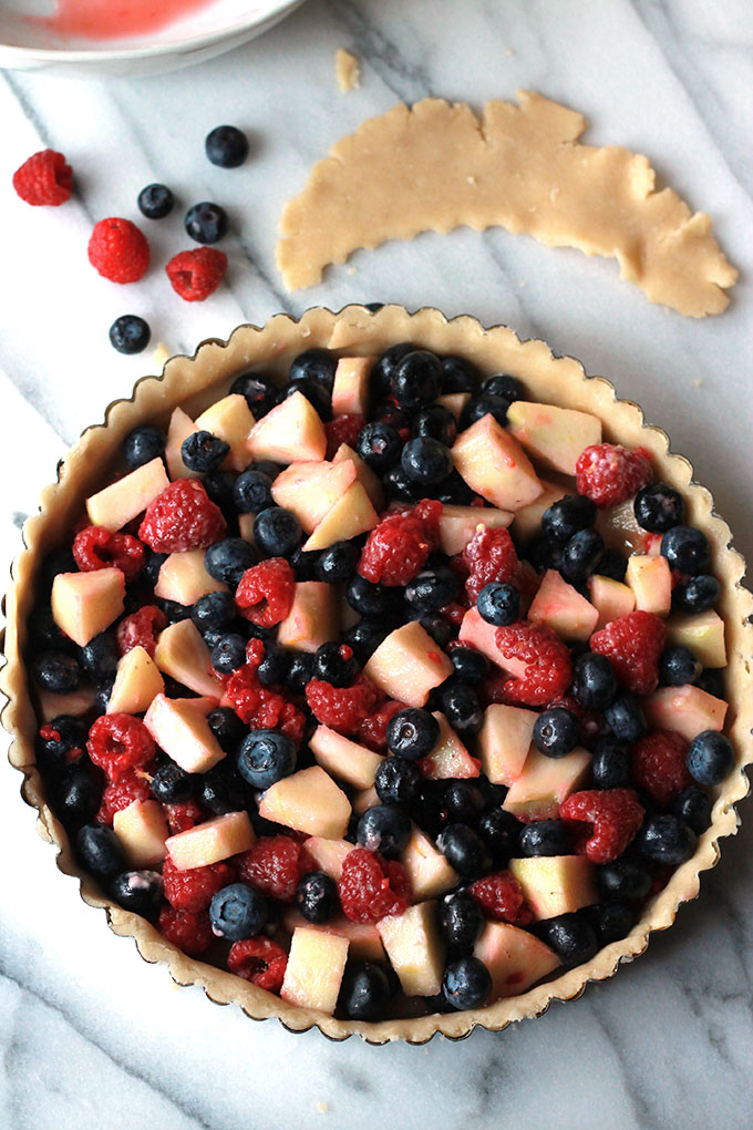 Blueberry Raspberry & Apple Tart, topped off with Wild Blueberry Sauce, amazing texture and flavor. Perfect for summer holiday gatherings.