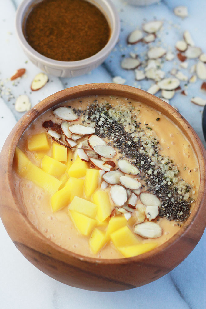 Mango Papaya Smoothie Bowl, gluten-free, soy-free and oil-free, one of the many delicious recipes you will find in Bold FLavored Vegan Cooking.