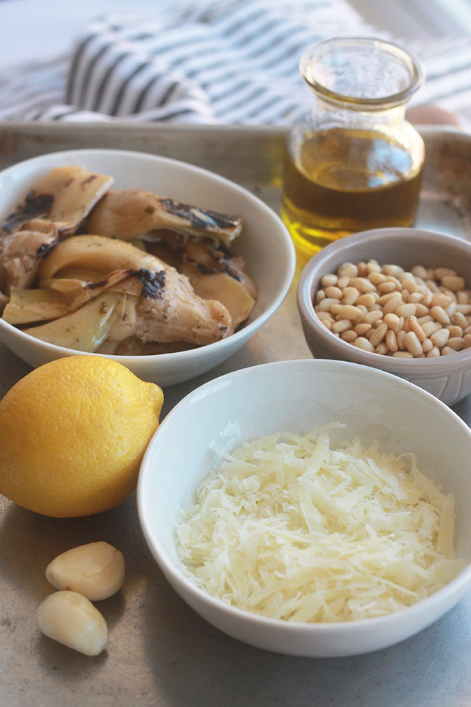 Ingredients for artichoke pesto.
