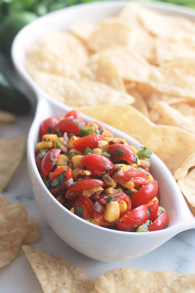 Close-up Fire-Roasted Corn Pico Style Salsa with Chips