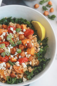 Ready for a supercharged, healthy, hearty salad?  You're going to love this salad made with tender Farro, roasted tomatoes, sweet potatoes and chickpeas tossed with seasoned fresh kale.