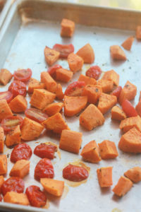 Ready for a supercharged, healthy, hearty salad?  You're going to love this salad made with tender Farro, roasted tomatoes, sweet potatoes and chickpeas tossed with seasoned fresh kale.Ready for a supercharged, healthy, hearty salad?  You're going to love this salad made with tender Farro, roasted tomatoes, sweet potatoes and chickpeas tossed with seasoned fresh kale.