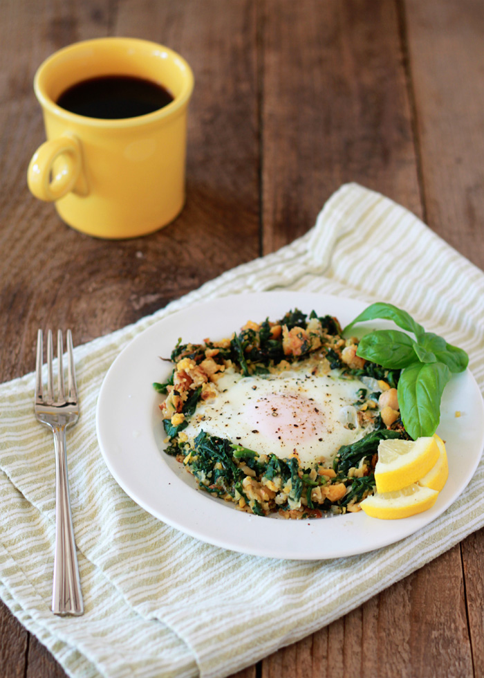 Lemony eggs in a spinach chickpea nest.