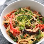 Sautéed veggies, tender buckwheat ramen noodles tossed together in teriyaki sauce and a touch of heat from sriracha, makes a quick and easy meal.