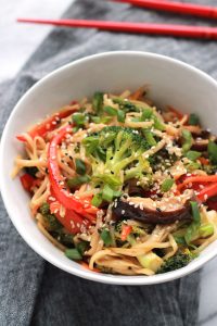 Sautéed veggies, tender buckwheat ramen noodles tossed together in teriyaki sauce and a touch of heat from sriracha, makes a quick and easy meal.