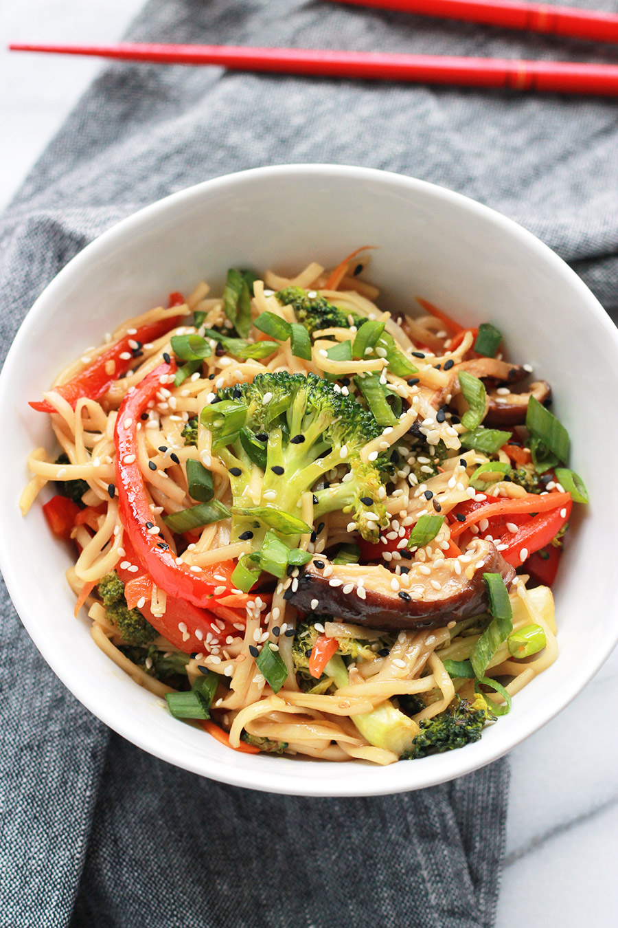 Above bowl of Spicy Teriyaki Ramen with Sriracha