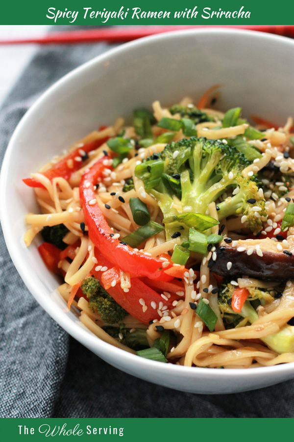 Above bowl of Spicy Teriyaki Ramen with Sriracha