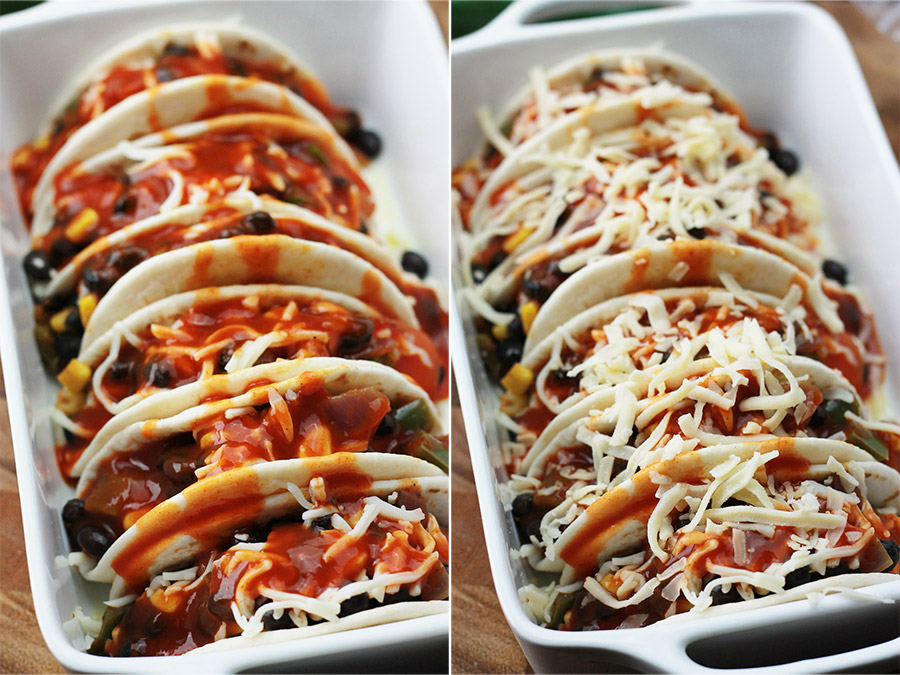  Baked Black Bean Tacos with Red Chile Sauce, unbaked and baked.