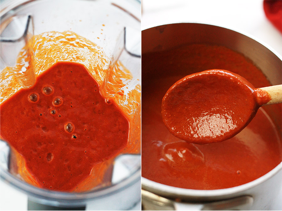 Red chile sauce in blender and red chile sauce in saucepan.