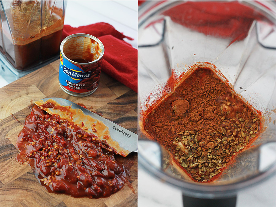 chopped chipotle peppers and red sauce ingredients in blender