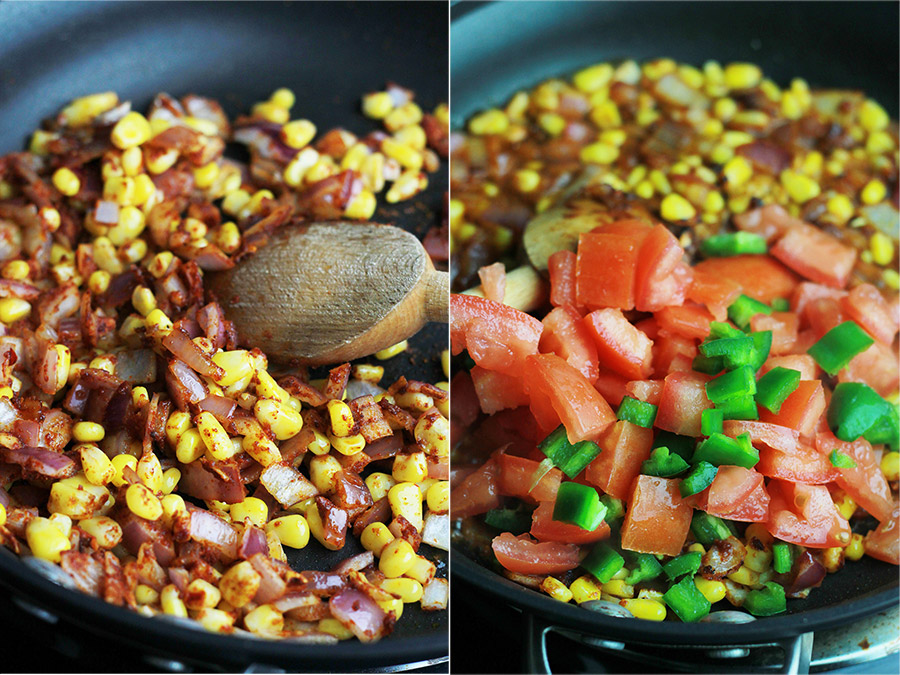 Onions, corn, tomatoes and jalapeno in skillet.