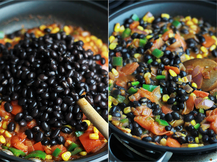 Onions, corn, tomatoes, jalapeno, black beans in a skillet.