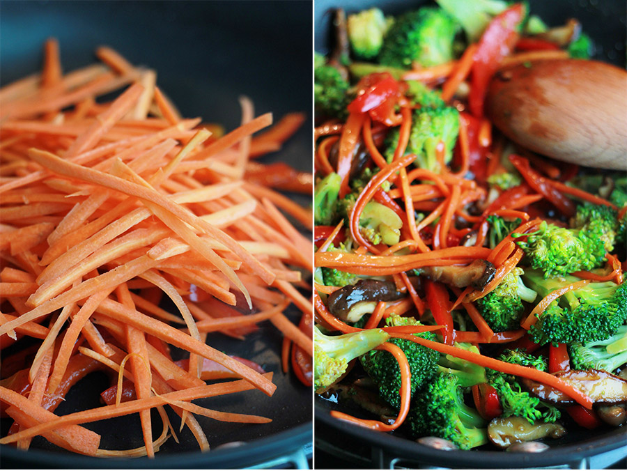 Sliced carrots with peppers in non-stick skillet and veggies tossed with teriyaki sauce in skillet.