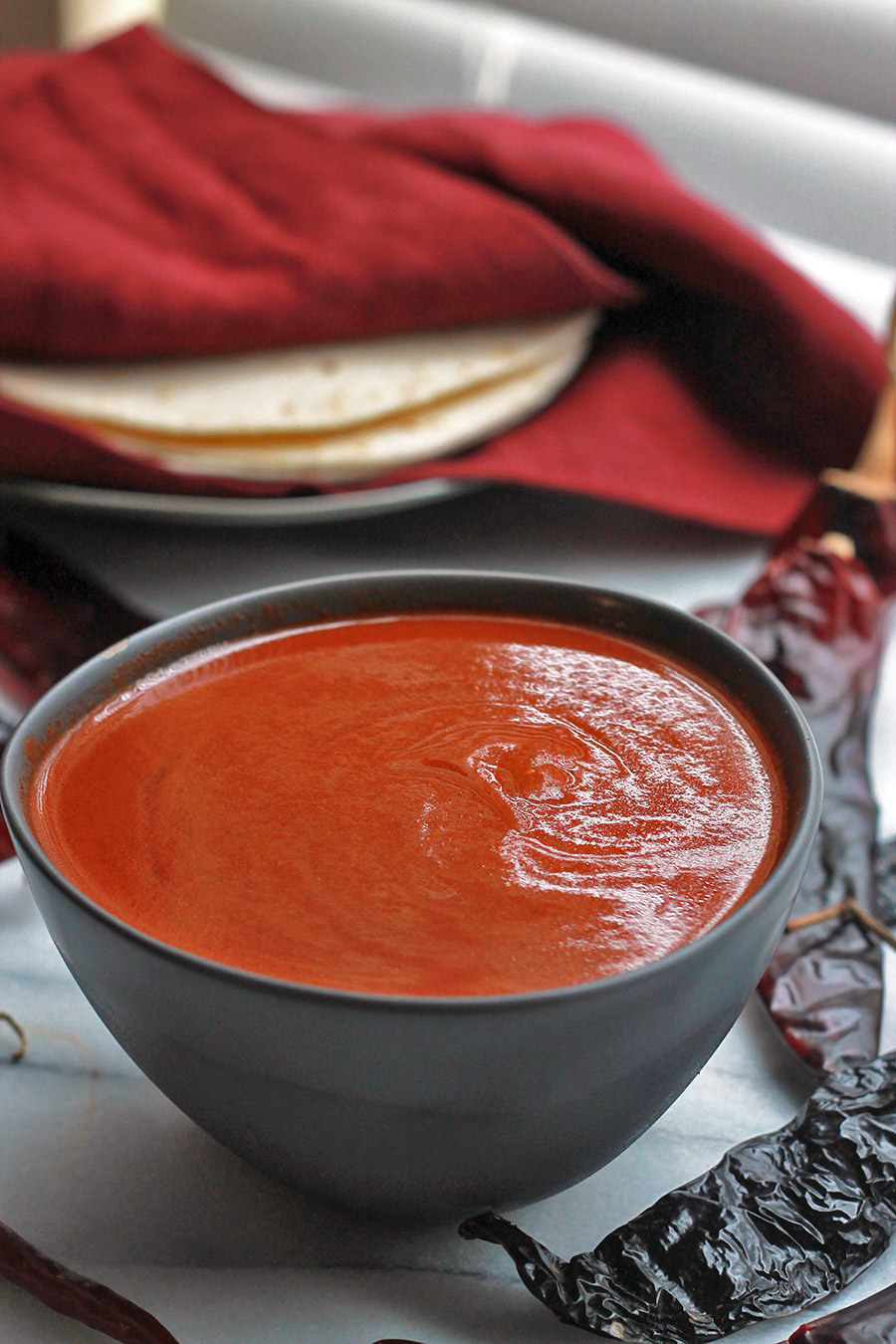 Close-up of Red Chile Sauce in a bowl. 