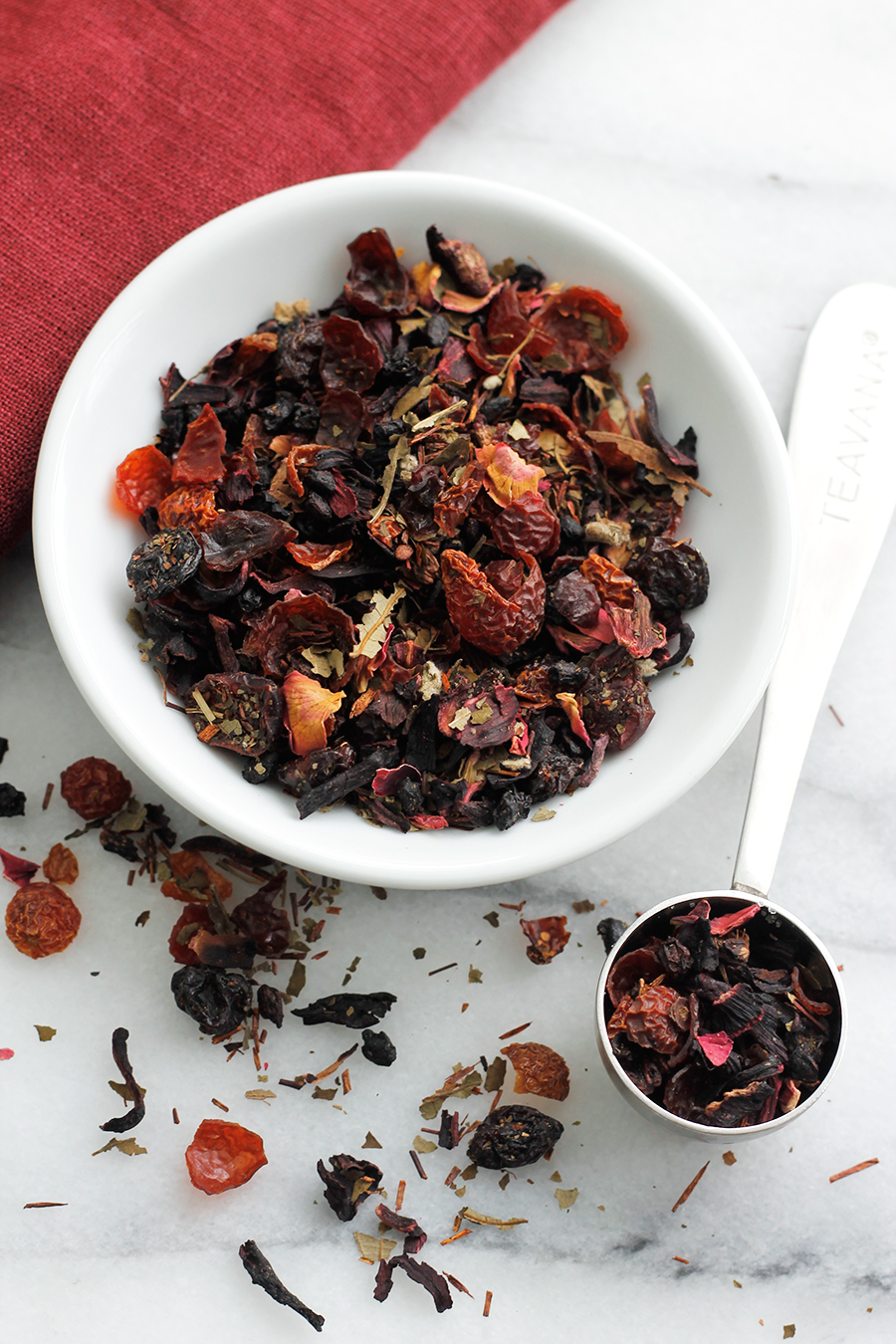 Overhead shot of dried hibiscus flowers. 