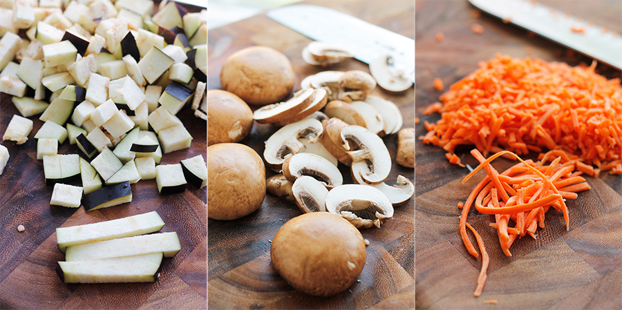 Diced eggplant, mushrooms, carrots