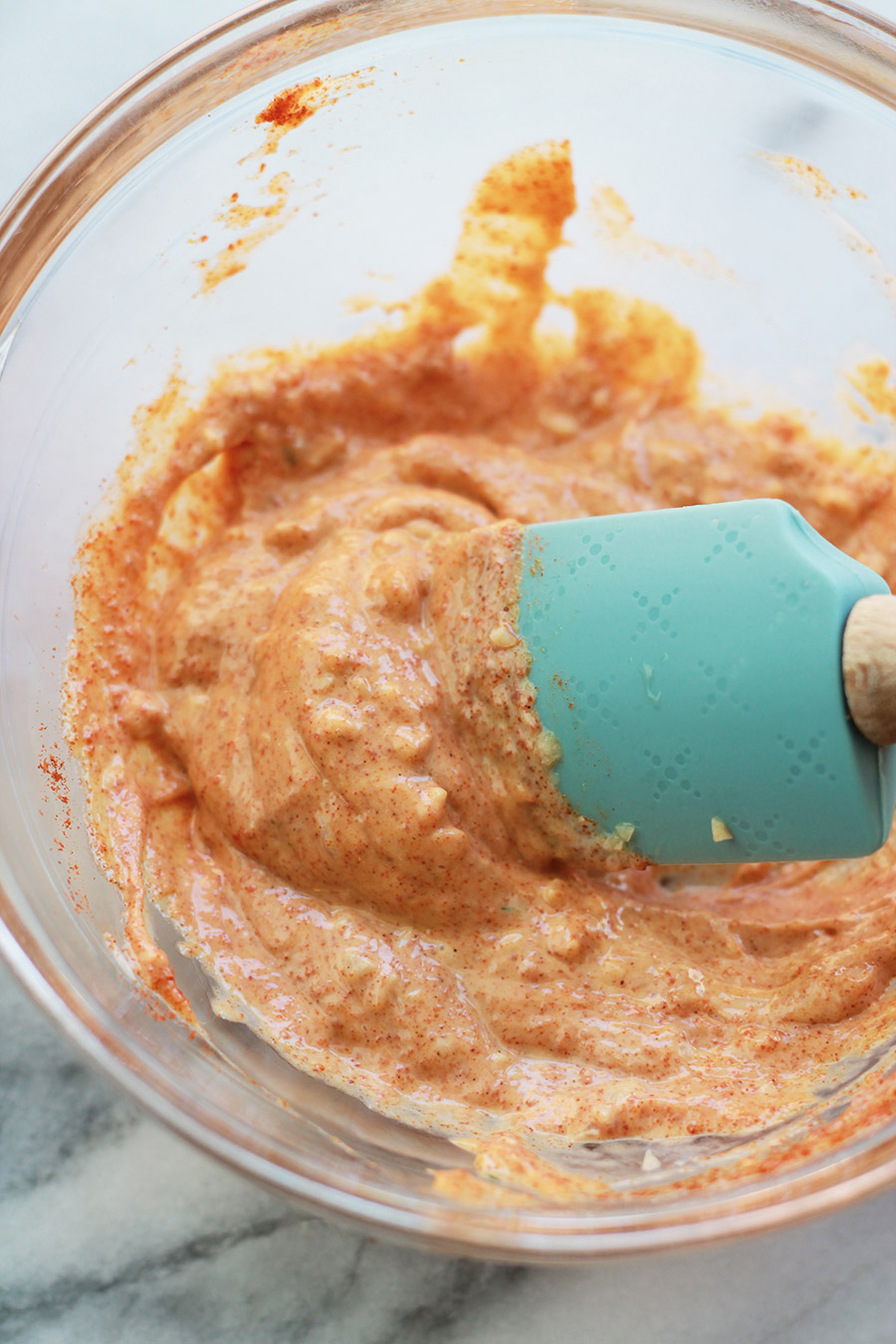 Overhead shot of vegan harissa mayo sauce 