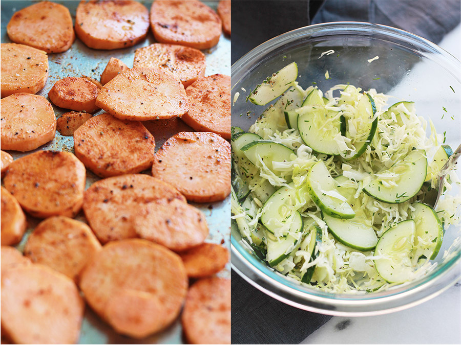 pan of roasted sweet potato rounds and bowl of cucumbers and shredded cabbage sprinkled with dill.