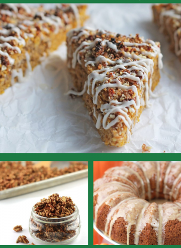 Collage of fall recipes that use pumpkin, apples, and cinnamon.