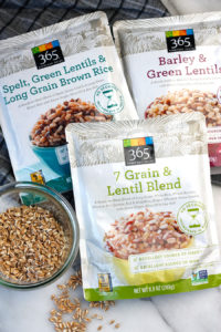 Overhead shot of Whole Foods grain and lentil pouches.
