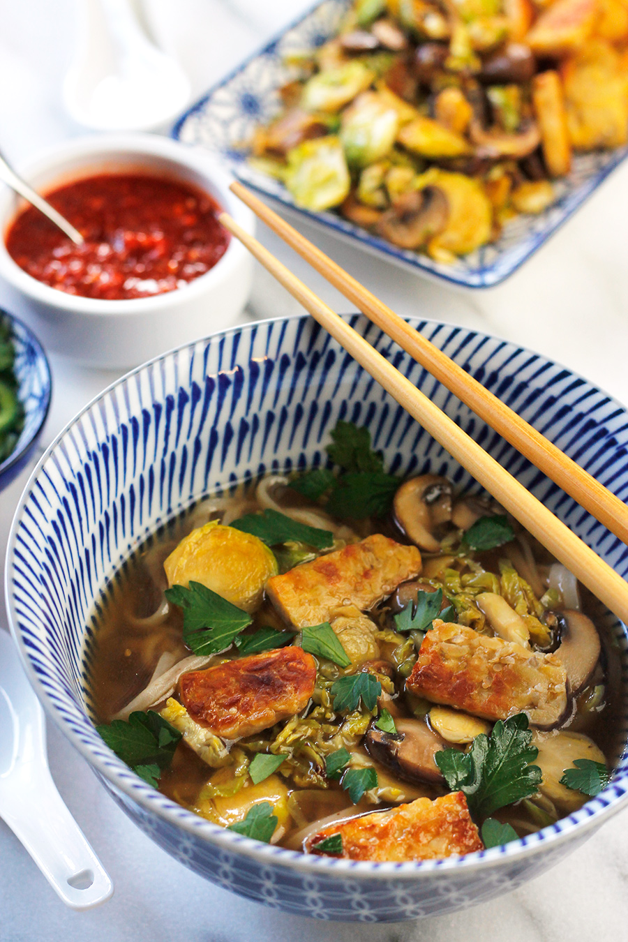 Ovehead angled shot of Easy Vegan Tempeh Pho