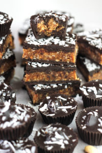 Close-up shot of Coconut Cashew Chocolate Cups and Bars
