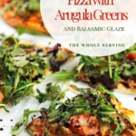 Slices of roasted veggie pizza topped with arugula and drizzled with balsamic glaze.