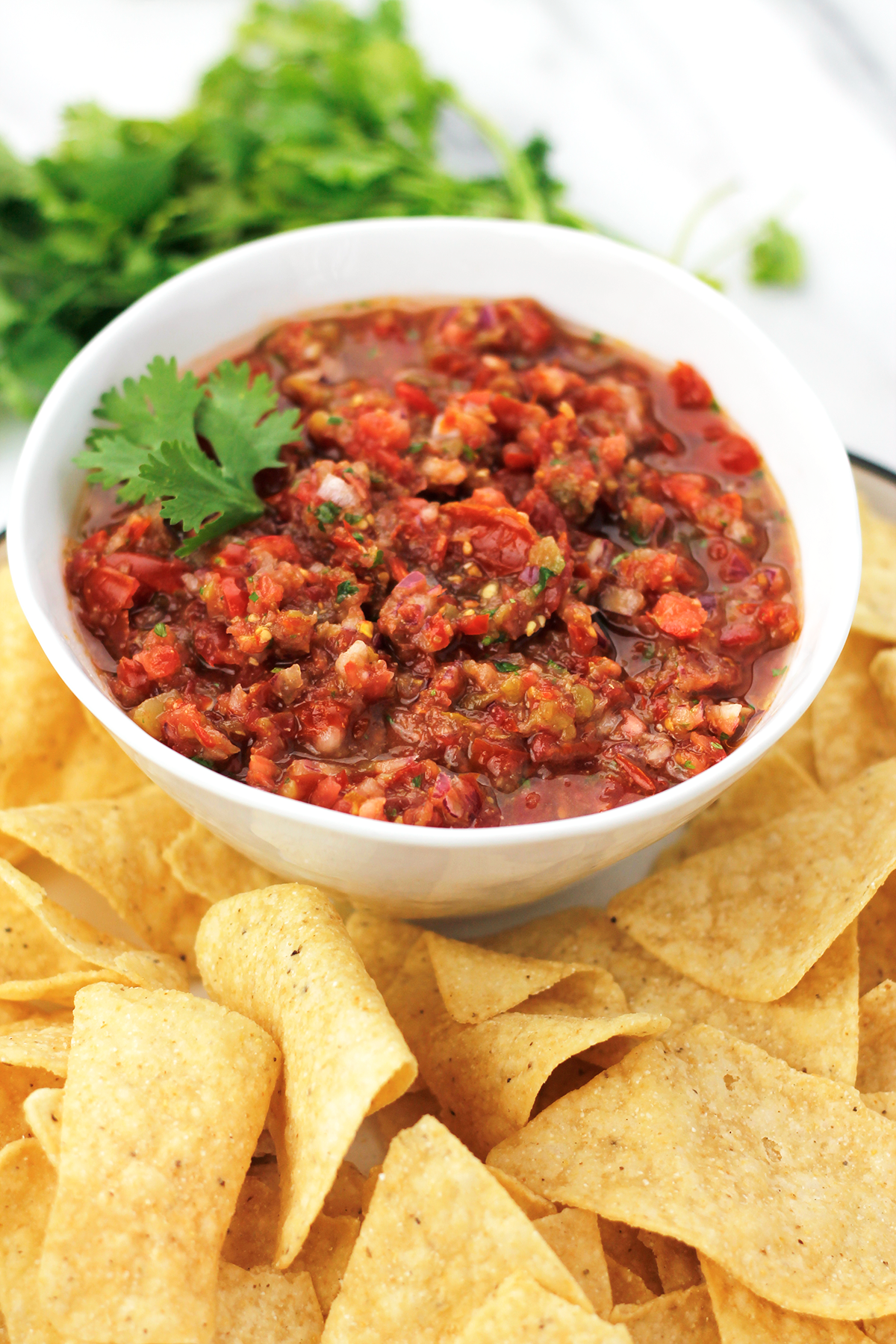 Overhead shot bowl of restaurant style salsa surrounded with tortilla chips.