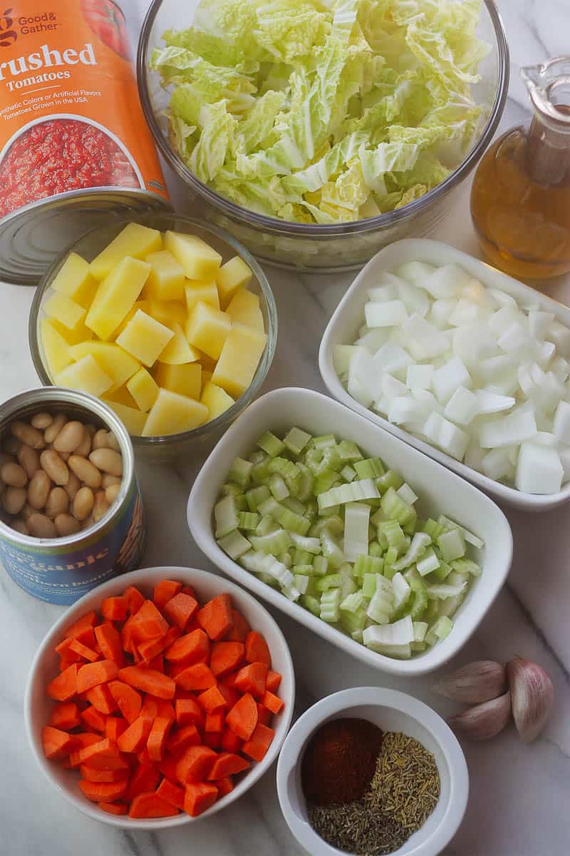 Overhead shot of ingredients needed to make one-pot vegetable soup