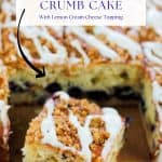 Overhead shot of sliced crumb cake with one square slice in front of cake.