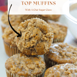 Batch of Chai Apple muffins on counter with a small spoon in front of muffins with chai sugar glaze on spoon.