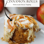 Very close shot of one caramel apple cinnamon roll on a small plate partially unrolled with baked apple bits and caramel on plate with baking dish and in the background.