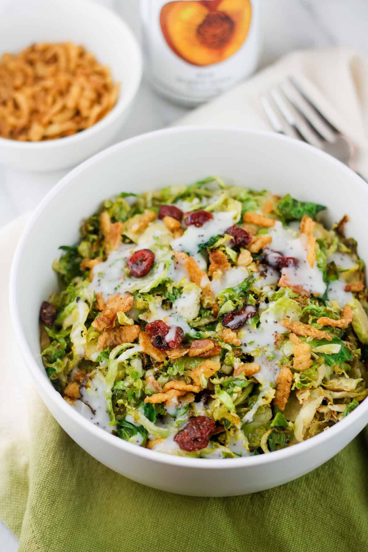 Bowl filled with roasted brussels sprouts salad.