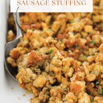 Baked Italian-Inspired sausage stuffing in baking dish.