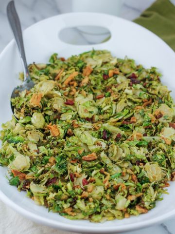 Roasted brussels sprouts on serving platter.