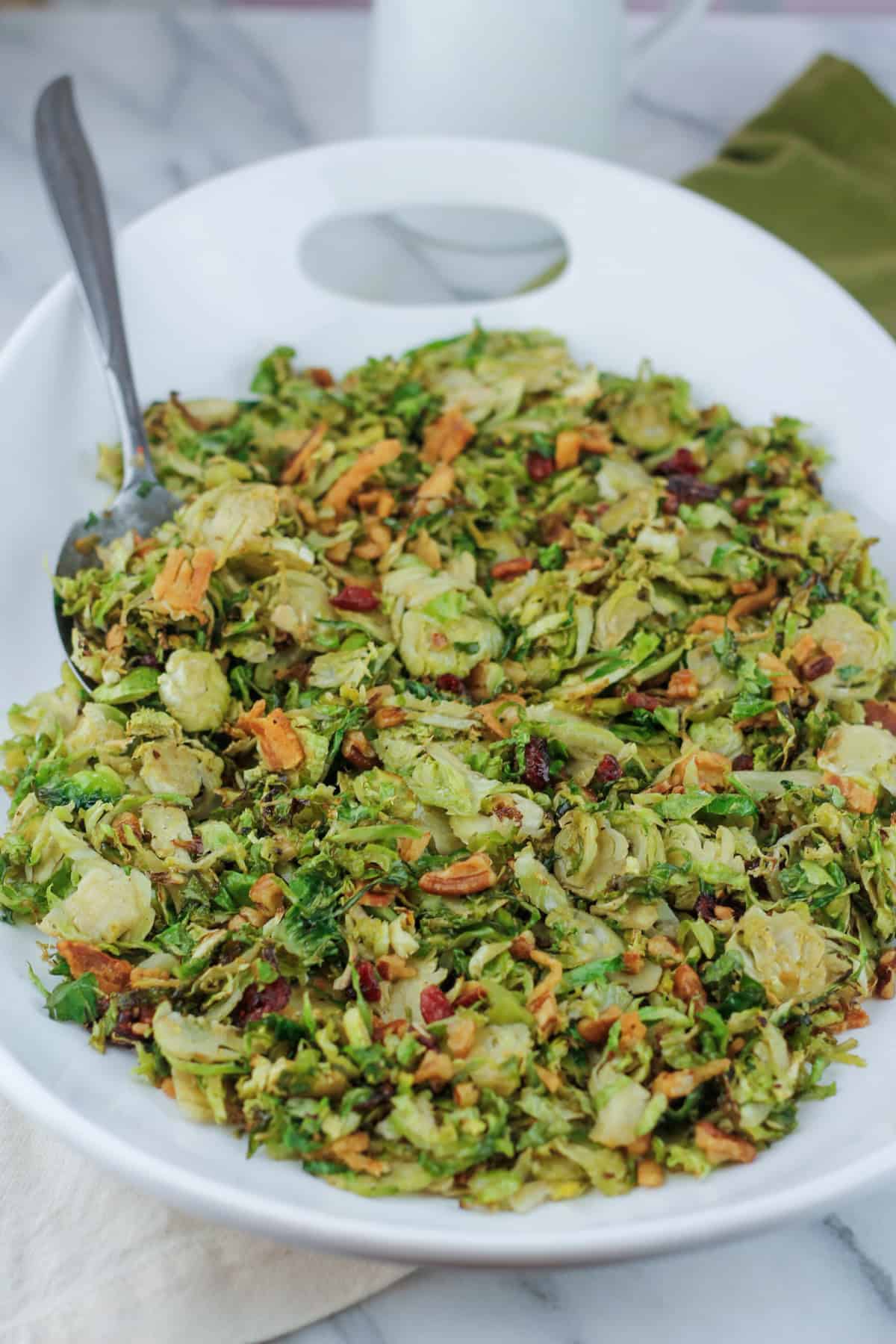 Roasted brussels sprouts on serving platter.